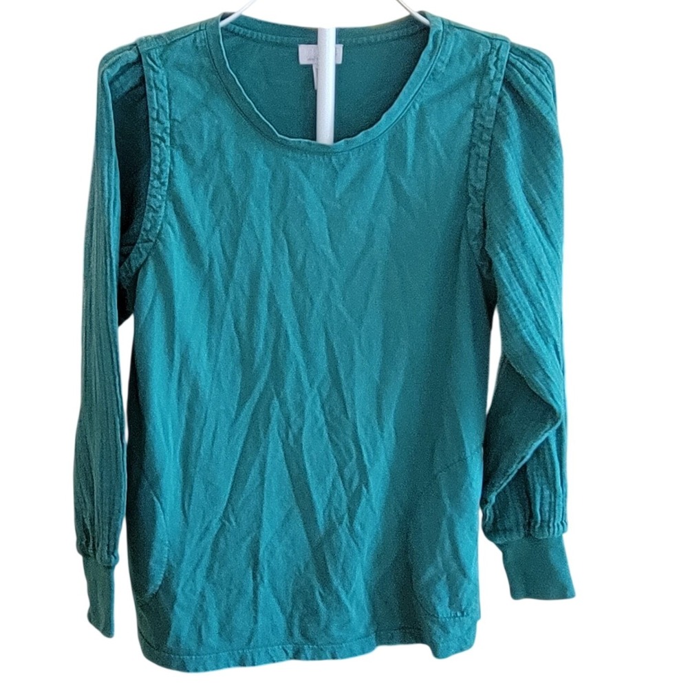 Logo Lori Goldstein Womens Top Size Small Green Gauze Puff Sleeve Shirt Pullover